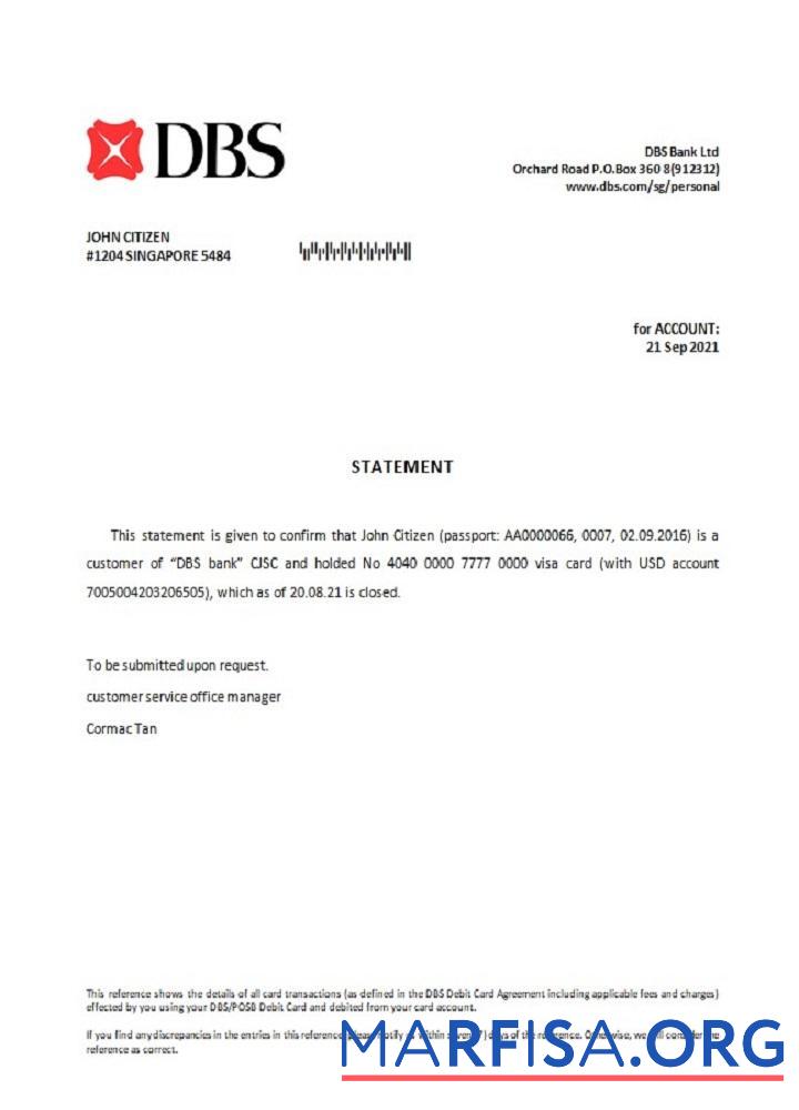 Downloadable Singapore DBS bank closure reference example